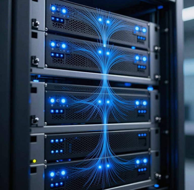 Close-up of a server rack with blue indicator lights, abstract architectural data flows, cool-toned studio lighting, high contrast, sharp focus, professional tech environment, portrait aspect, 35mm
