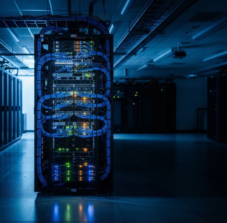 Wide panoramic shot of a modern, sleek server room with blue ambient lighting, high contrast, sharp focus, network cables, and glowing server lights. A single server rack is slightly off-center to the left, with plenty of negative space to the right, sleek corporate technology photography, cool blue ambient lighting, high contrast, sharp focus, professional tech environment, 35mm