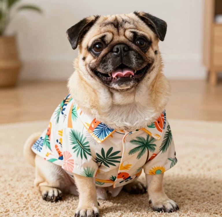 Warm editorial pet photography of a happy pug wearing a perfectly fitted colorful handmade tropical shirt, sitting comfortably on a warm rug, bright natural daylight, close-up showing the comfortable fit around its chest.