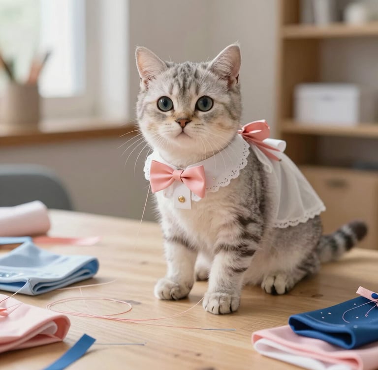Un gatito atigrado gris, con un collar de encaje blanco y un lazo rosa, está sentado sobre una mesa