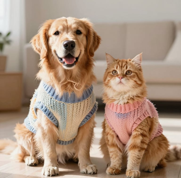 Warm editorial pet photography, a happy golden retriever and a fluffy ginger cat sitting together in a sunlit room, wearing soft colorful handmade sweaters, bright natural daylight, shallow depth of field.