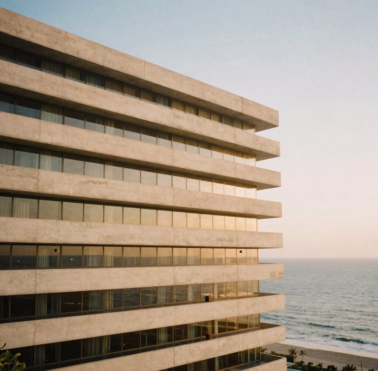 Portrait shot of the Grand Horizon Hotel's brutalist-inspired exterior, concrete and glass, against a soft golden-hour sky, overlooking the ocean, unpeopled, warm editorial photography, 35mm film style