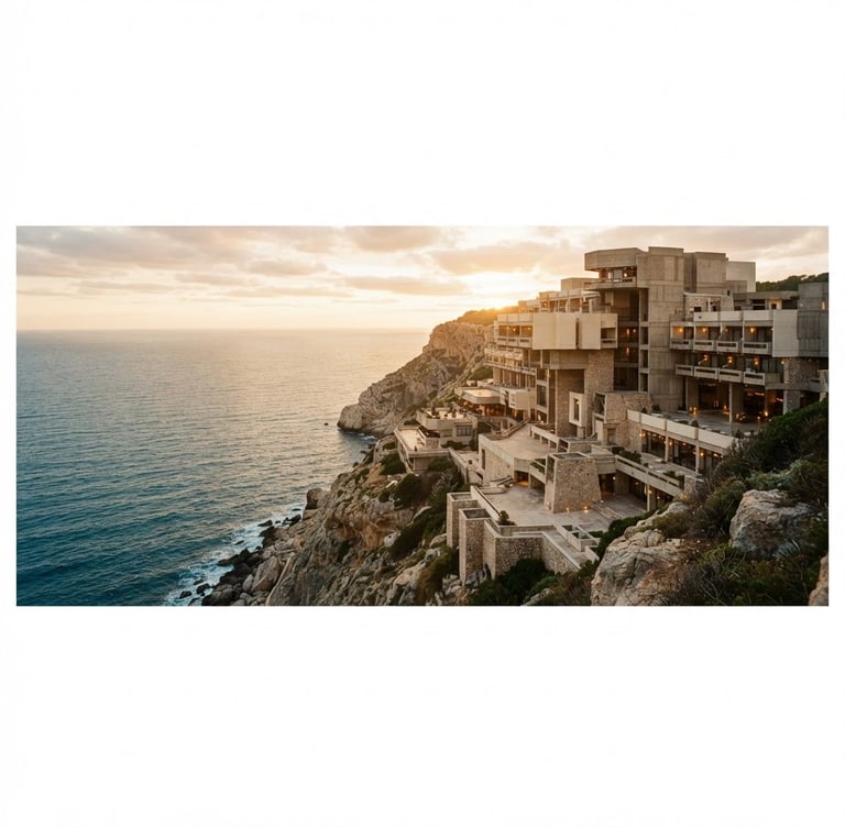 Wide panoramic view of Grand Horizon Hotel's brutalist-inspired cliffside architecture at golden hour, overlooking a pristine ocean, soft golden light, muted beige and alabaster tones, shallow depth of field, 35mm film style