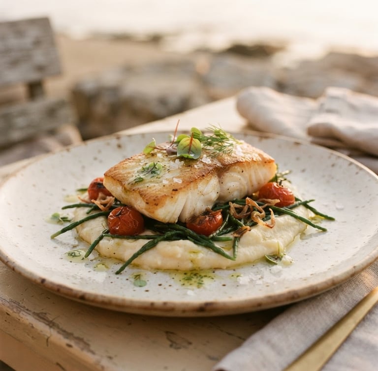 Close-up of a perfectly plated, exquisitely prepared coastal dish, minimalist presentation, soft golden-hour light, muted beige and alabaster tones, shallow depth of field, 35mm film style