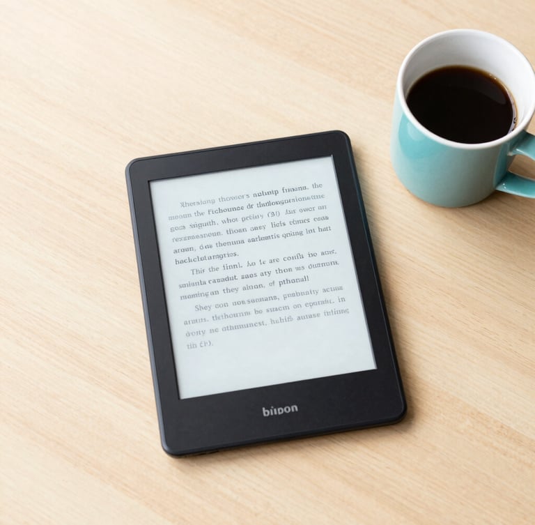 Overhead flat-lay of a structured workspace, an e-reader displaying clean typography next to a ceramic coffee mug on a light wood surface, soft morning light.