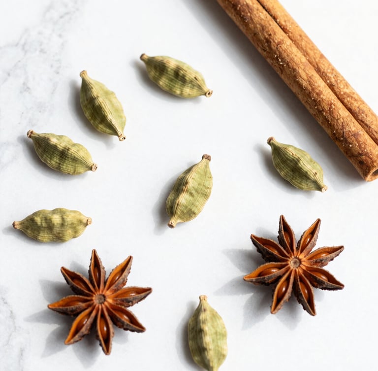 Top-down flat lay of whole raw spices including green cardamom pods, cinnamon bark, and star anise scattered on a light white marble surface, bright high-key natural daylight, soft shadows