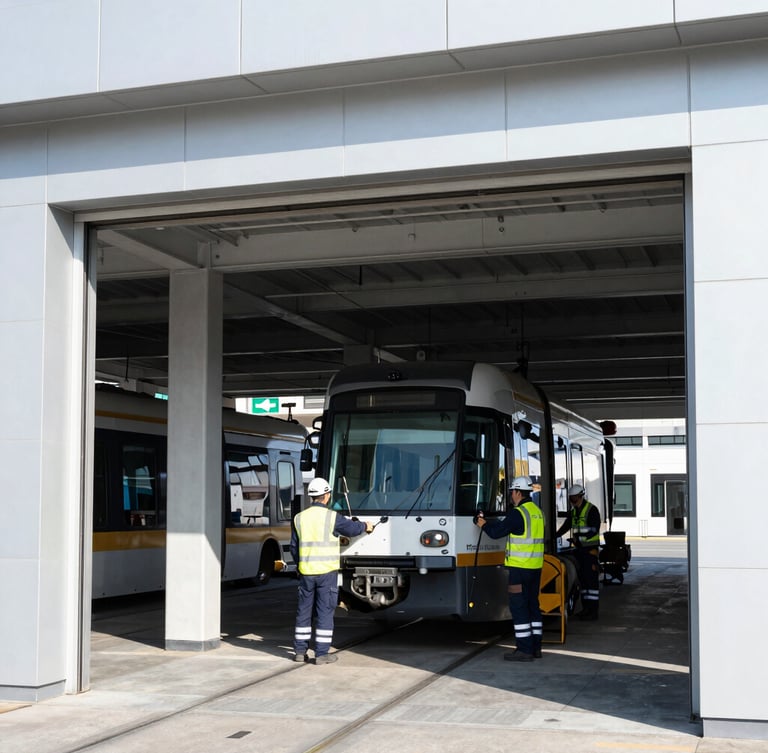 High-contrast daylight shot of a modern transit maintenance depot, clean architectural framing, technicians in safety gear inspecting a tram undercarriage, industrial cool tones