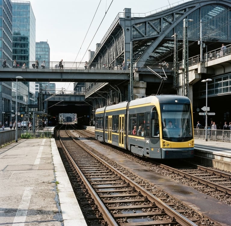 Wide environmental shot of a clean modern tram car in bright daylight, moving along structured steel tracks in an urban corridor, sharp industrial architectural framing, 35mm lens