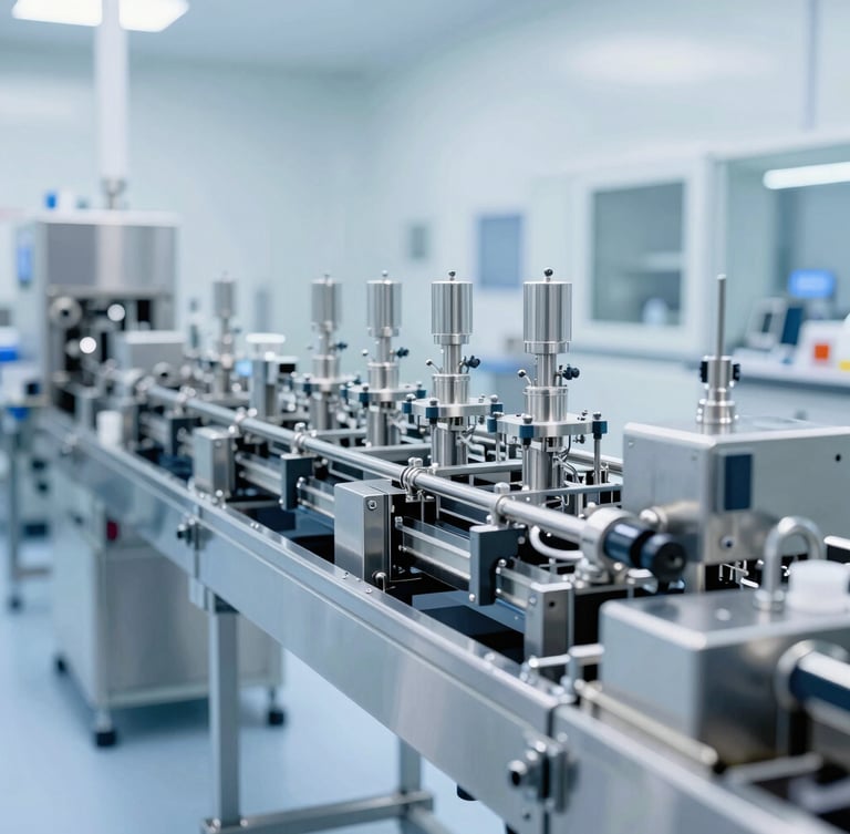 Wide shot of an automated pharmaceutical packaging line, stainless steel equipment, cleanroom environment, high-key lighting, no human presence.