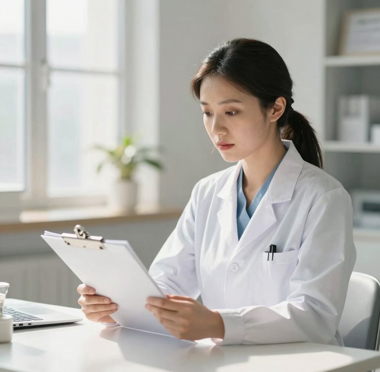 A professional dietitian in a sunlit modern clinic consulting a clinical chart, soft natural daylight, premium editorial photography, shallow depth of field
