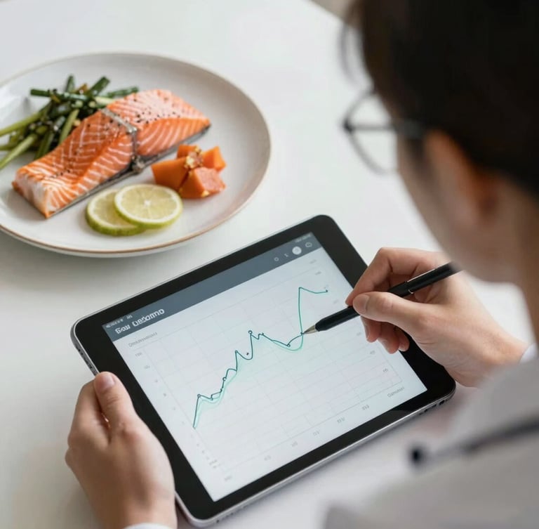 A close-up overhead shot of a clinical dietitian reviewing a digital glucose graph on a tablet, adjacent to a beautifully plated low-glycemic salmon dish, soft natural daylight.
