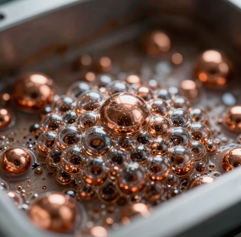 Macro extreme close-up of mineral separation flotation bubbles in a copper processing cell, high contrast technical lighting, sharp details.