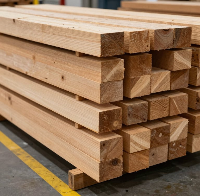 Close-up of freshly cut structural timber stacked in an industrial warehouse, clean yellow safety lines on the floor, high-contrast precise lighting