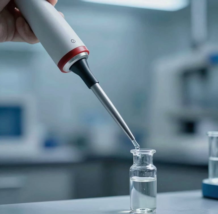 Side profile of a precision laboratory pipette dispensing liquid into a vial, clean stainless steel background, cool blue lighting.