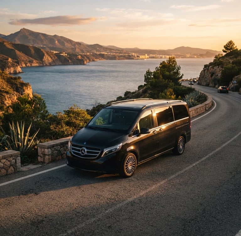 Cinematic wide shot of a pristine black Mercedes-Benz luxury minibus parked on a scenic coastal road in Malaga, warm golden-hour Mediterranean sunlight reflecting on the polished exterior, sea in the background