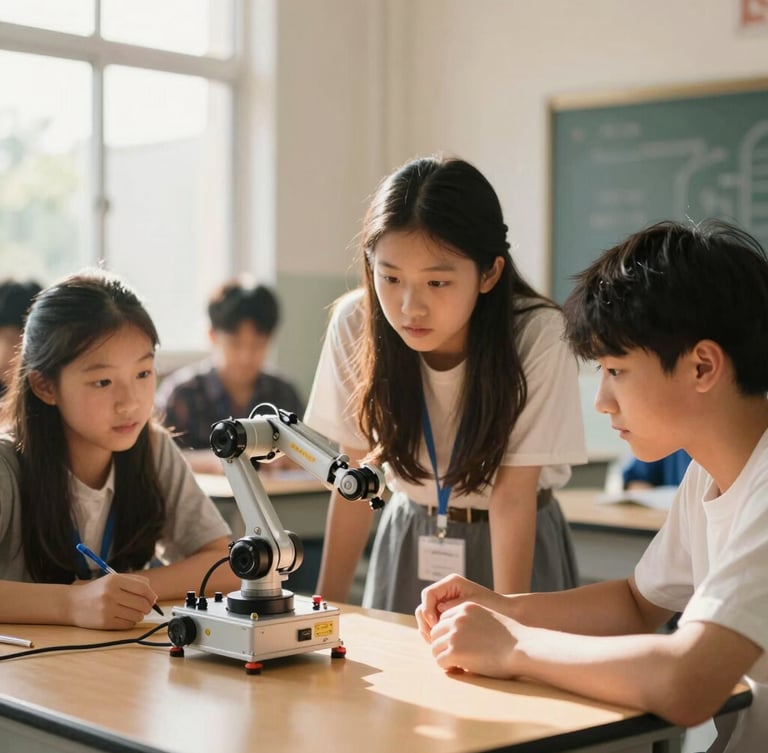 A bright, sunlit science classroom with students collaborating over a small robotic arm, warm natural light, authentic engagement, shallow depth of field