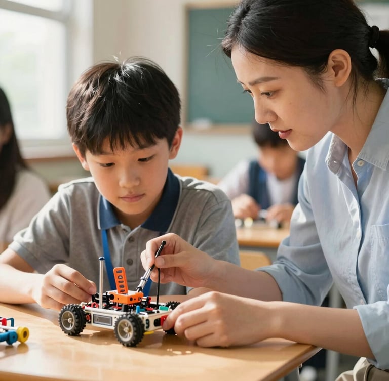 A close-up of a teacher and student collaborating over a colorful robotics project in a sunlit classroom, authentic engagement, shallow depth of field.