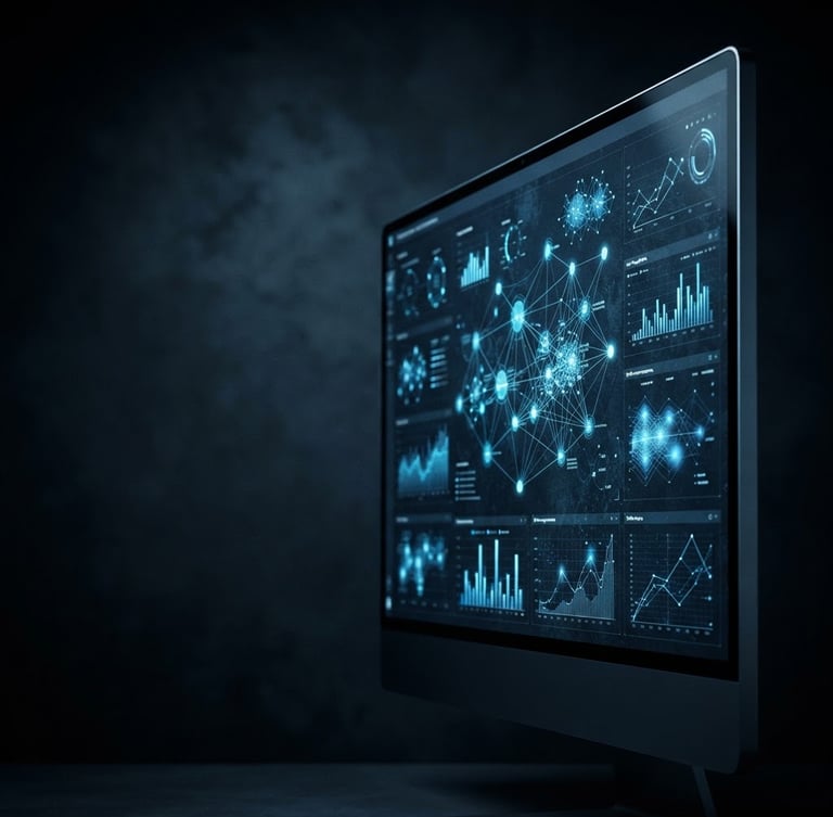 Sleek editorial technology photography, cool high-contrast studio lighting, deep slate and electric blue tones, macro 50mm, a live analytics dashboard showing real-time campaign metrics on a clean monitor, with abstract user flow representations, off-center to the right, generous negative space on the left.