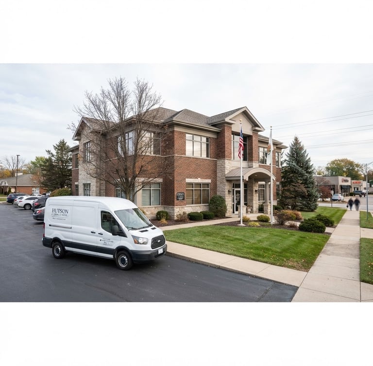 Wide panoramic shot of the Hutson & Associates Inc. office exterior in Alton, Illinois, under crisp overcast daylight, with a professional fleet vehicle parked clearly visible in the foreground to the left.