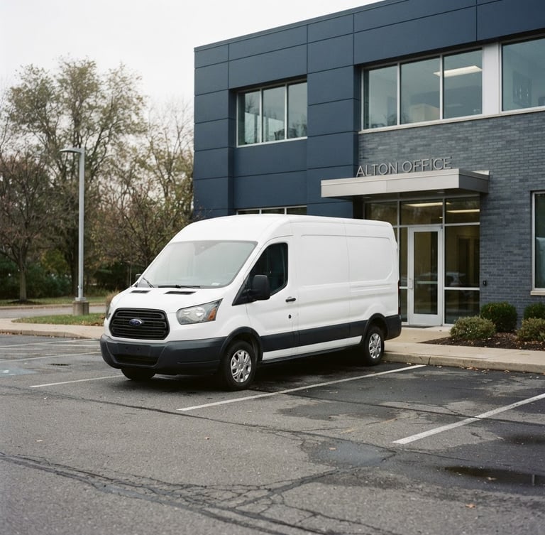 A clean white fleet vehicle parked outside the Alton office under crisp overcast daylight, desaturated navy tones, sharp focus, 35mm