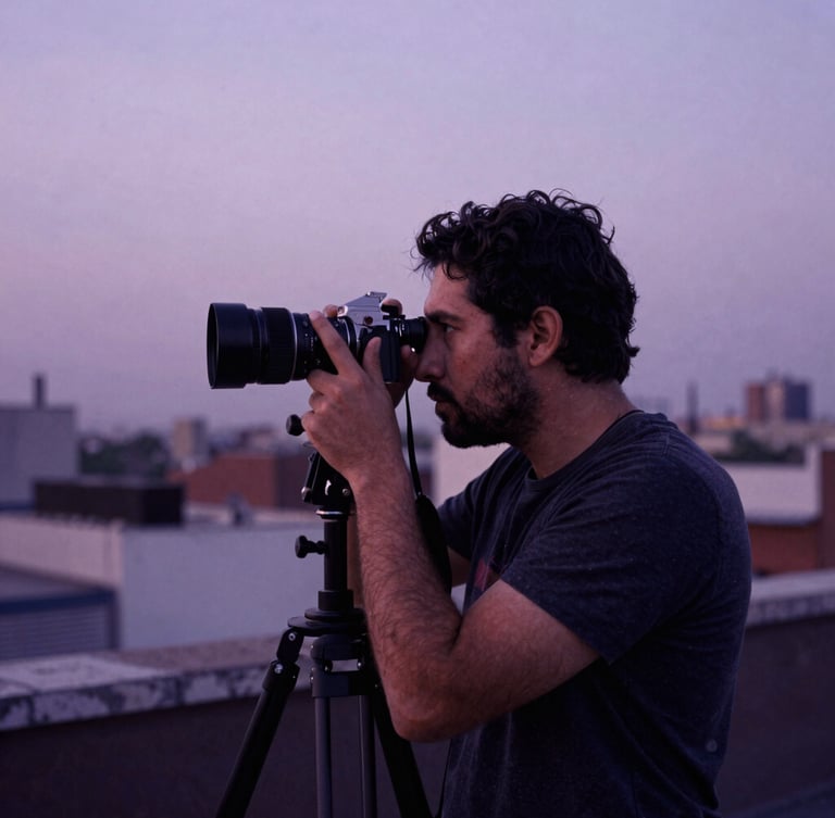 Cinematic 35mm film photography of a film director looking through a viewfinder on a CDMX rooftop at dusk, deep plum shadows, soft overcast lavender sky.