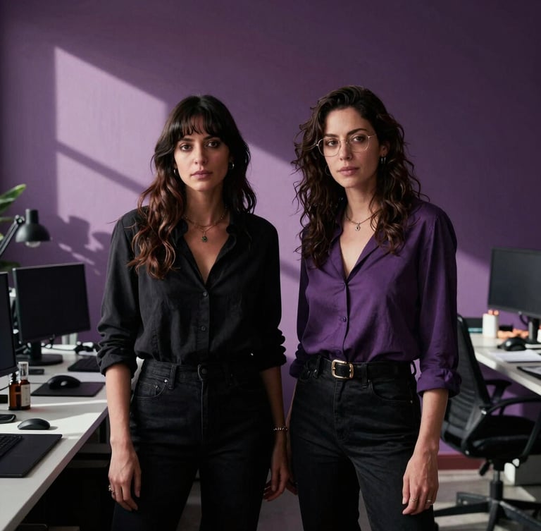 Cinematic portrait of two female film producers in a sunlit CDMX production office, high-contrast natural light, deep shadows, 35mm film aesthetic, plum tones.