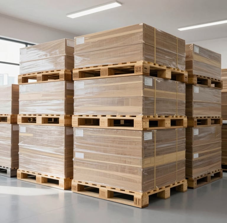Bright clean daylight corporate logistics warehouse, large high-quality office hardware pallets stacked neatly, architectural composition, 35mm