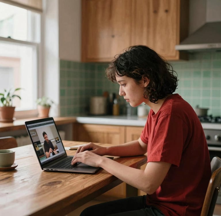 A candid medium shot of a photographer editing photos on a laptop in a cozy, sunlit Scandinavian-style restaurant kitchen, warm wood tones, 35mm