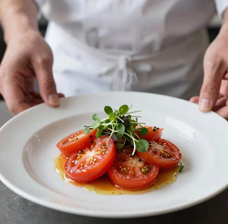 A chef carefully plating a vibrant heirloom tomato dish with microgreens, steam rising, hands visible, soft natural side lighting, shallow depth of field, 35mm