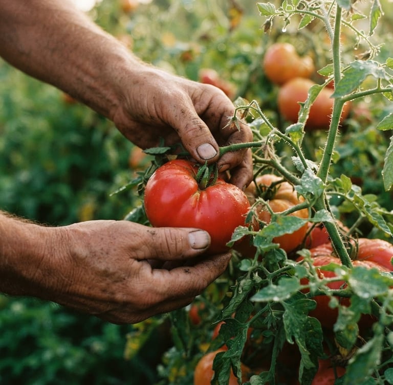Close-up of weathered hands harvesting heirloom tomatoes in soft morning light, dew drops visible on the vines, warm editorial photography, 35mm