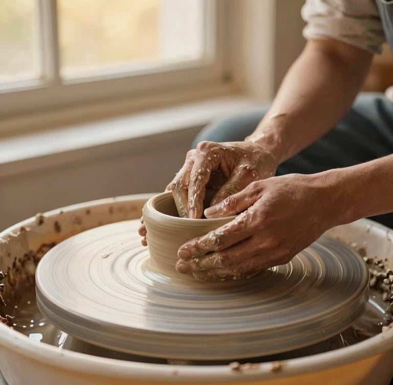 Portrait of a ceramic artist's hands on a pottery wheel, shaping wet clay, focused on the tactile interaction, warm golden-hour window light, shallow depth of field, 35mm