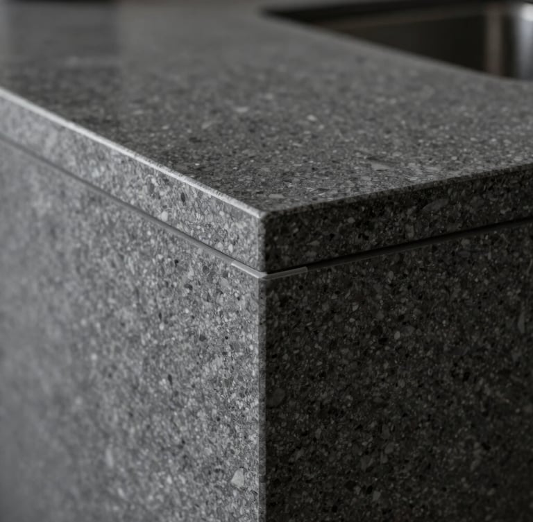 Extreme close-up of a flawless 45-degree miter joint on a dark grey quartz sinter countertop, dramatic side-lighting revealing the perfect seamless edge, sharp focus