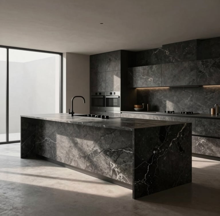 A monumental kitchen island made of dark veined quartz sinter, soft window light casting long shadows, modern minimalist kitchen interior, wide architectural shot.