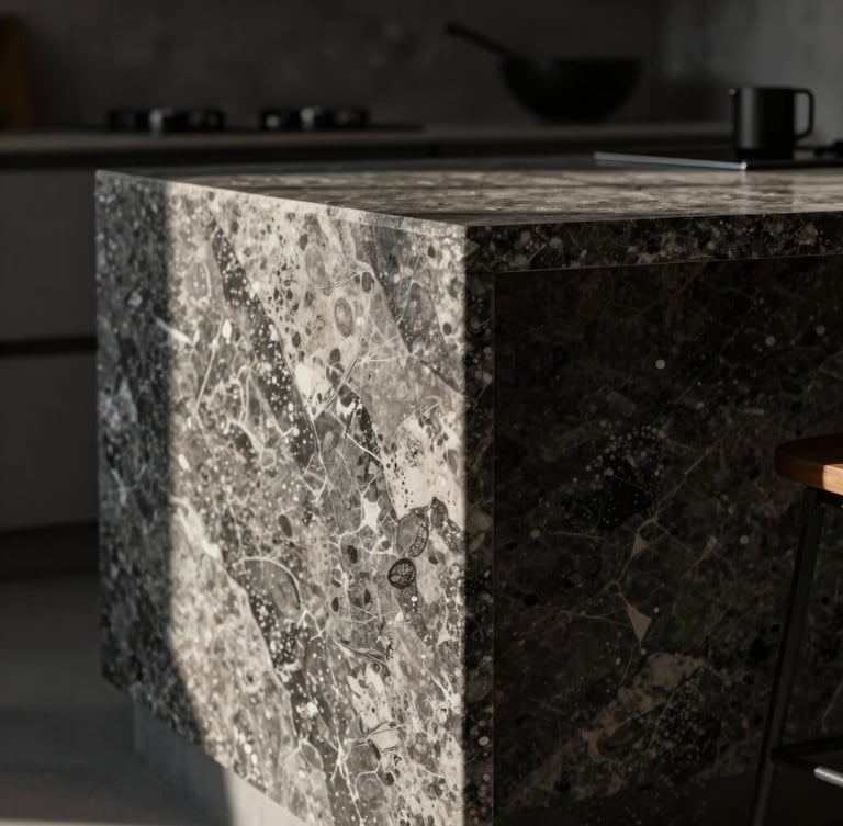 Architectural close-up of a monolithic kitchen island made of dark veined quartz sinter, perfect 45-degree miter joint, dramatic side-lighting casting long shadows, 35mm lens