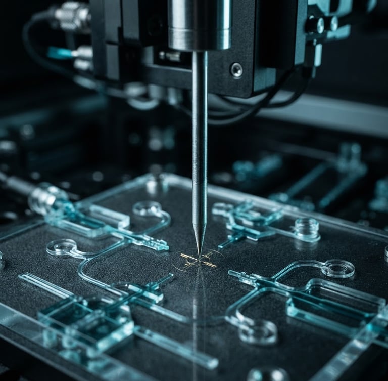 Extreme macro close-up of a high-precision robotic actuator needle calibrating over a microfluidic chip, cool-toned high-contrast studio lighting, deep charcoal background with sharp cyan highlights, 35mm