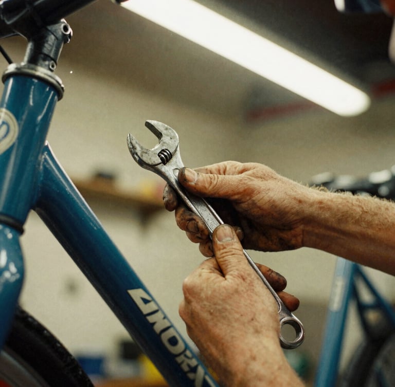 Raw documentary close-up of grease-stained hands holding a wrench over a bicycle frame, warm workshop light, high contrast, 35mm film grain.