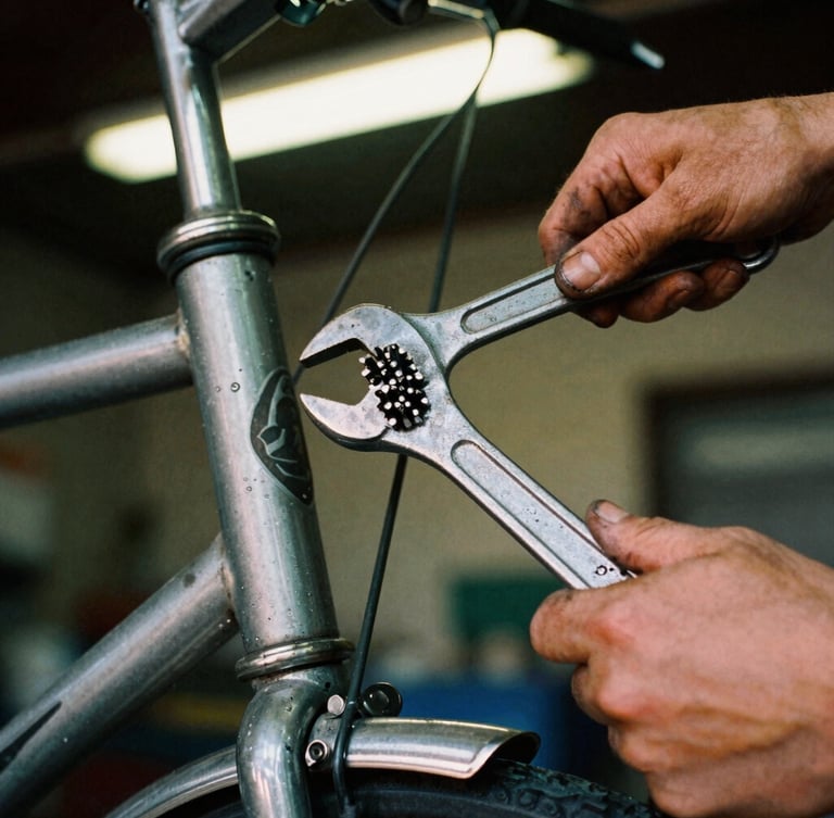 Close-up of grease-stained hands holding a heavy wrench over a vintage bicycle frame, warm raw workshop light, high contrast, 35mm film grain