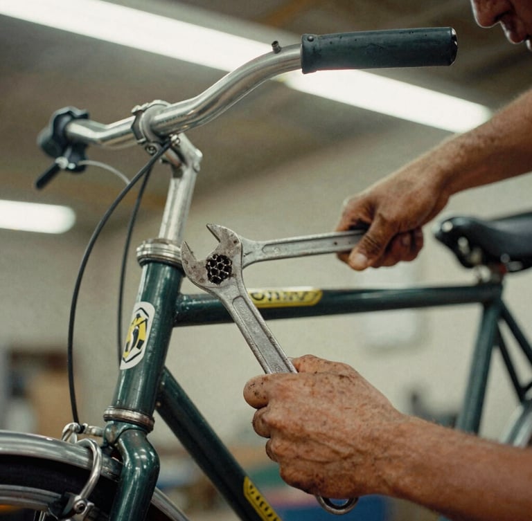 Close-up of grease-stained hands holding a heavy wrench over a vintage bicycle frame, warm natural workshop light, high contrast, 35mm film grain