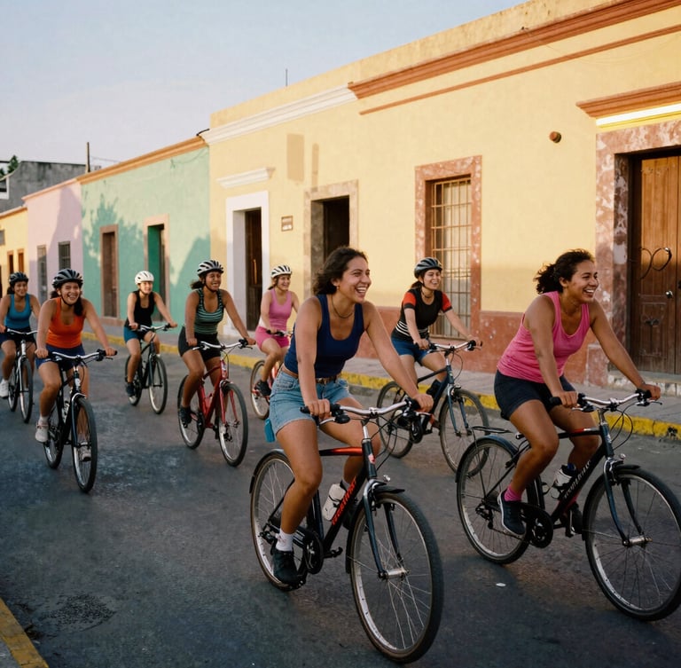 A diverse group of women and non-binary cyclists laughing and riding together down a vibrant street in Colonia Doctores, golden hour sunlight, raw documentary style