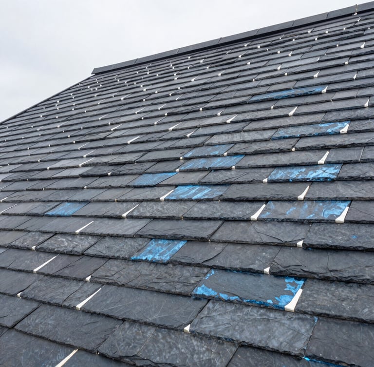 Close-up of perfectly aligned dark slate tiles and hand-soldered zinc joints on a steep roof, overcast daylight, architectural photography, sharp focus, 35mm lens