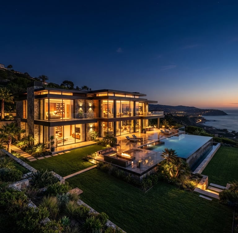 Cinematic architectural photography of a modern luxury villa exterior at twilight, warm golden interior lighting spilling onto manicured lawns, deep navy sky, wide-angle 35mm.