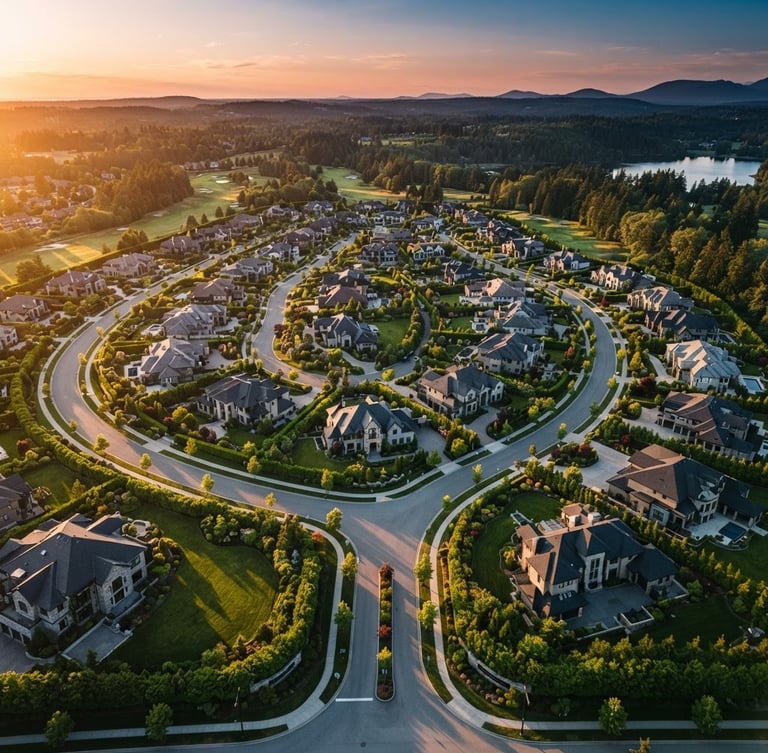 Cinematic aerial drone shot of master-planned luxury estate plots at golden hour, manicured green boundaries, wide asphalt roads, soft sunset light casting long shadows, 35mm photography