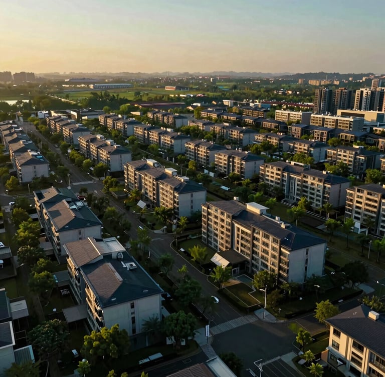 Cinematic architectural photography, wide-angle 35mm shot of a sweeping master-planned community at golden hour, deep emerald tones and warm sunlight casting long shadows.