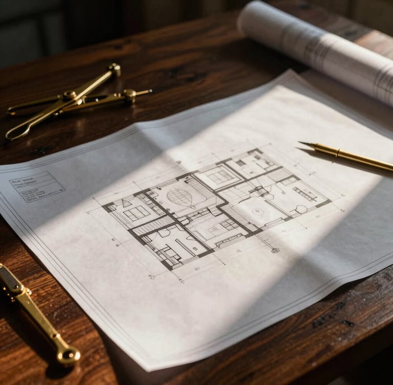 Close-up of premium architectural blueprints resting on a dark teak table, warm sunlight casting long shadows over brass drafting instruments, elegant editorial feel