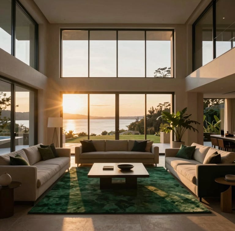 Wide interior shot of a sun-drenched villa living room, golden hour light streaming through floor-to-ceiling windows, elegant minimalist furniture, cinematic architectural photography.