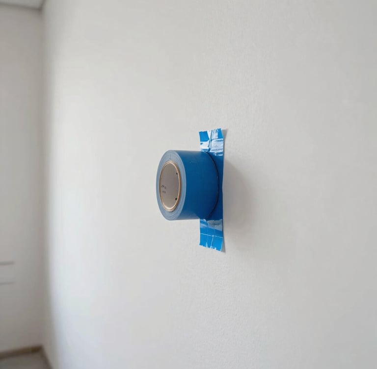 Straight-on architectural photograph of a clean, sharp paint line being revealed as blue painter's tape is slowly peeled back from a pristine gallery-white wall, natural side-light, high-end precision detail