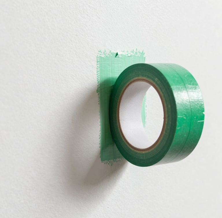 Macro shot of a painter peeling back crisp green painter tape, revealing an immaculate, razor-sharp paint line on a gallery-white wall, bright natural daylight