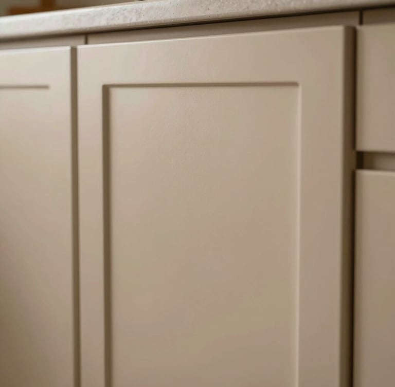 Macro straight-on architectural shot of a flawless, factory-finished kitchen cabinet door, soft natural side-light reflecting off a smooth matte ochre-tinted surface, zero dust, crisp clean edges.