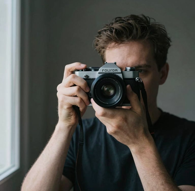 Intimate portrait of a photographer holding a classic rangefinder camera, natural side light from a window, soft film grain, dark minimalist background