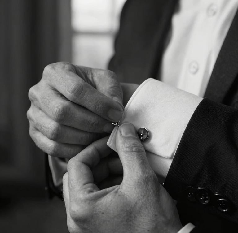 Extreme close-up of hands adjusting a cufflink in moody indoor shadows, high contrast black and white, natural window light.